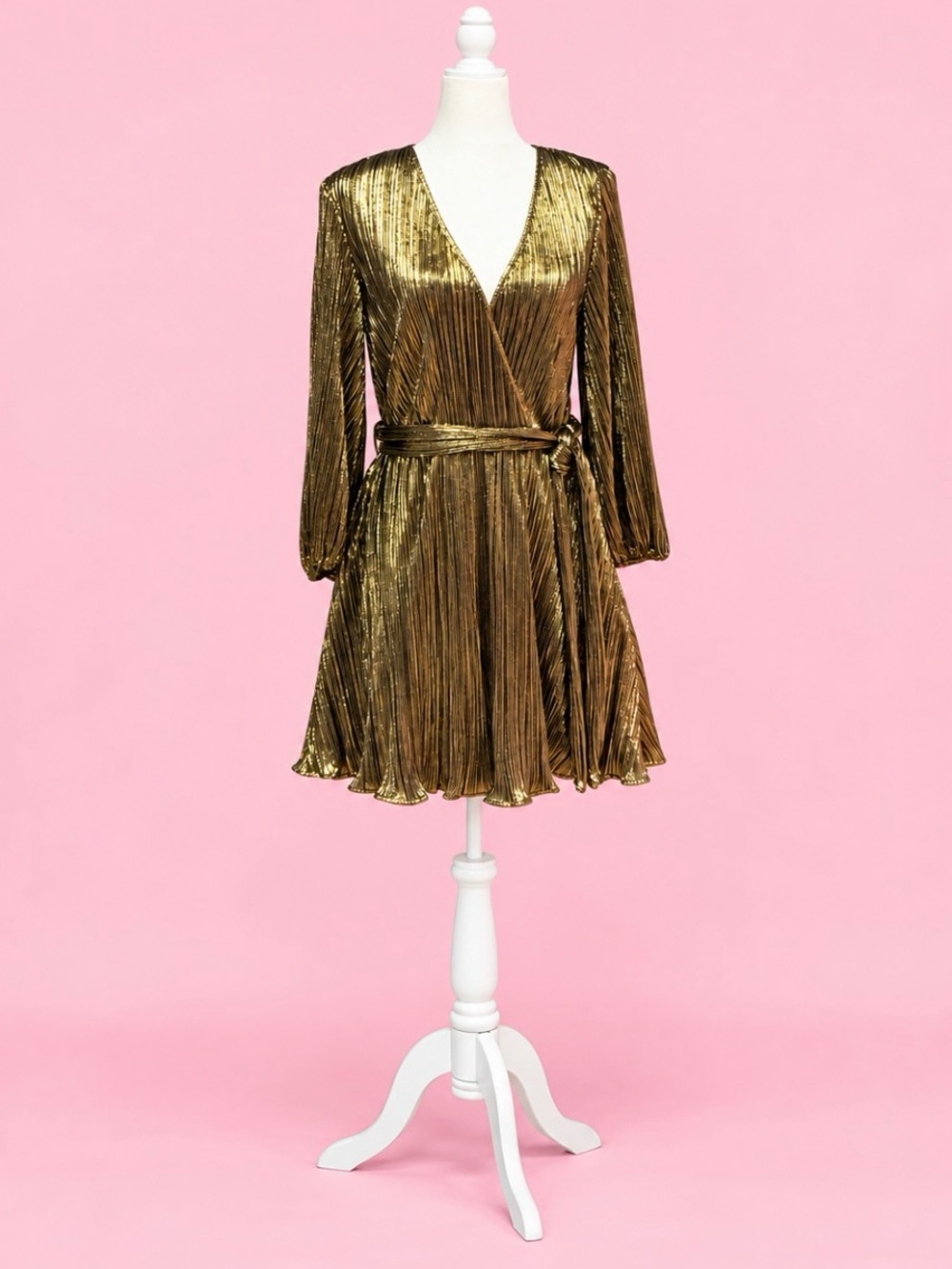 β¨ Bardot Metallic Gold Pleated Wrap Dress β¨ - Picture 2 of 6